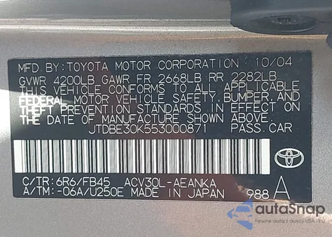 2005 Toyota Camry Le z USA, uszkodzony, nr VIN JTDBE30K553000871